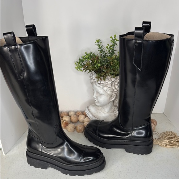 Scotch & Soda Black Leather Aubri Knee High Tall Chelsea Lug Sole 38/7.5 - Picture 2 of 11